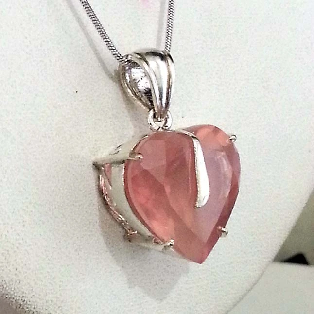 39.76cts Faceted Heart Shaped Rose Quartz & Sterling Silver Pendant (39.76ct Rose Qtz)