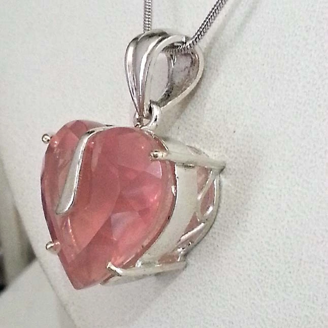 39.76cts Faceted Heart Shaped Rose Quartz & Sterling Silver Pendant (39.76ct Rose Qtz)