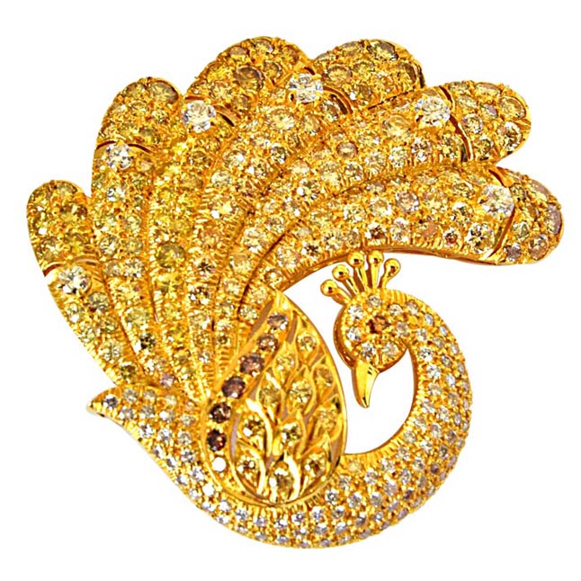 IGL Certified 5.79ct Real Diamond & 18k Gold Peacock Shaped Brooch