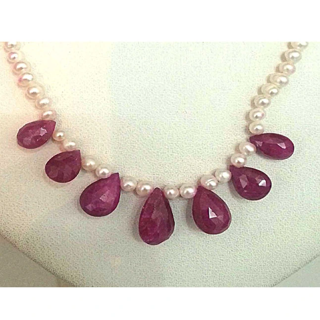 7 Faceted Drop Ruby & Freshwater Pearl Necklace (ACC35-2)