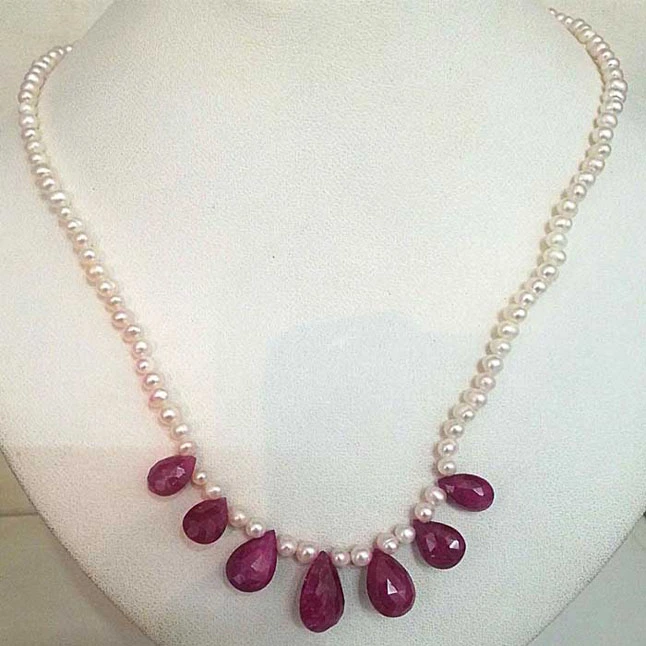 7 Faceted Drop Ruby & Freshwater Pearl Necklace (ACC35-2)