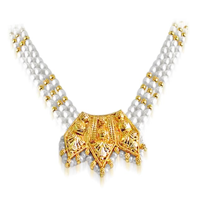 Allure - Gold Plated Temple Design Pendant & 3 Line Rice Pearl Pendant Necklace for Women (SNP11)