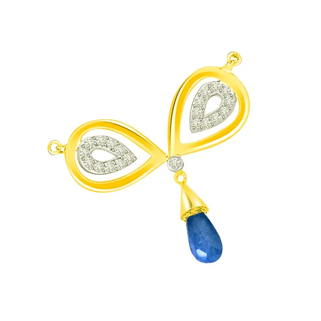 Shining Butterfly Diamond Leaves & Blue Sapphire Two Tone Pendants