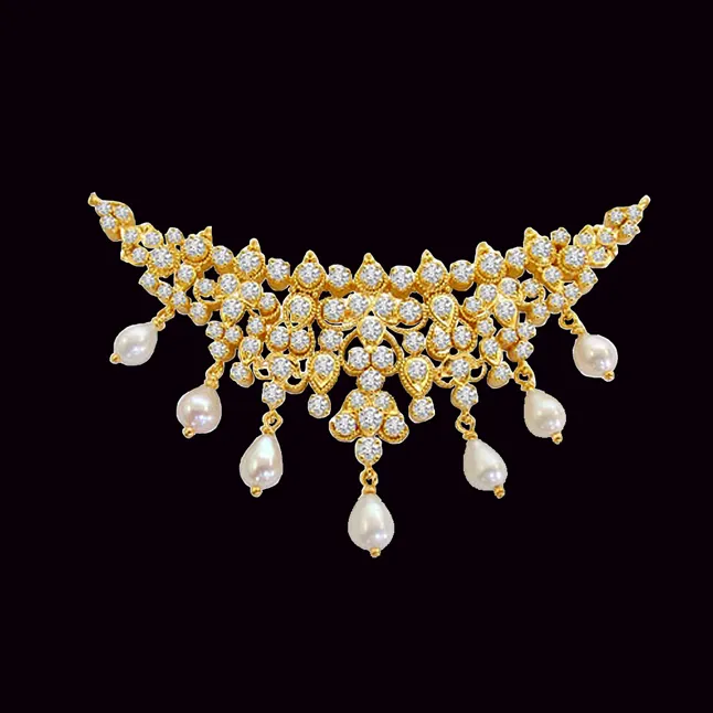 3.60 cts Diamond Pendants with Real Pearl Necklace -Diamond Necklace