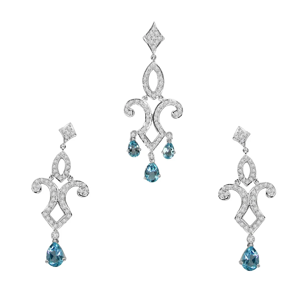 Real Diamond & Pear Shaped Blue Topaz Pendant & Earrings Set (DS16)