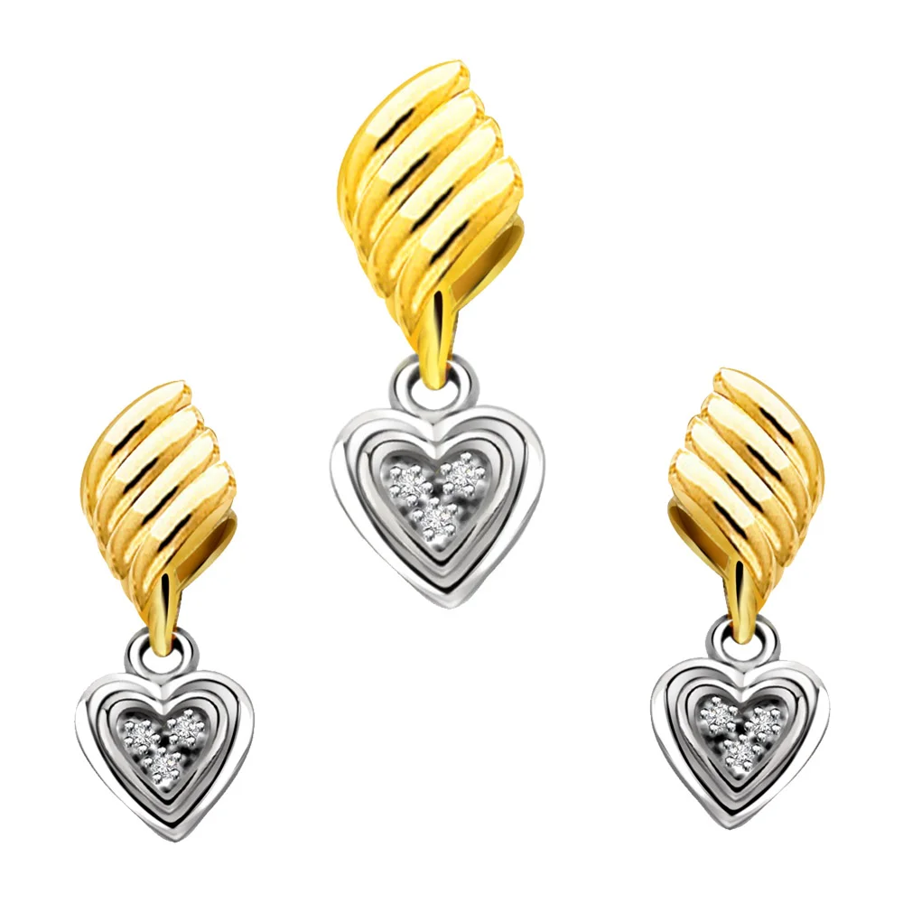 Two Tone Heart Shaped Real Diamond Earrings & Pendant Set (DS19)