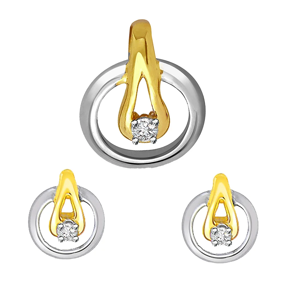 Two Tone Real Diamond Solitaire Earrings & Pendant Set (DS22)
