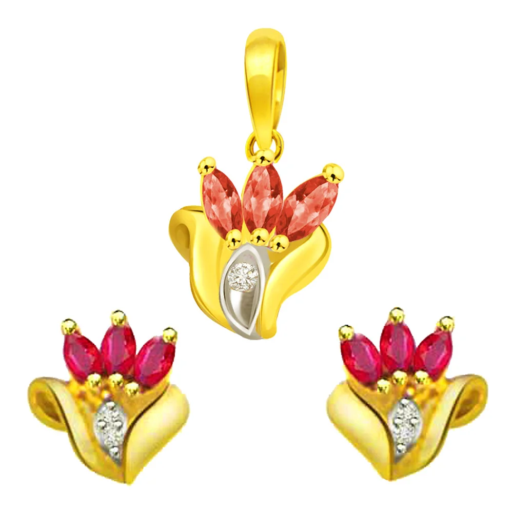 Real Diamond & Marquise Shaped Red Ruby Pendant & Earrings Set (DS69)