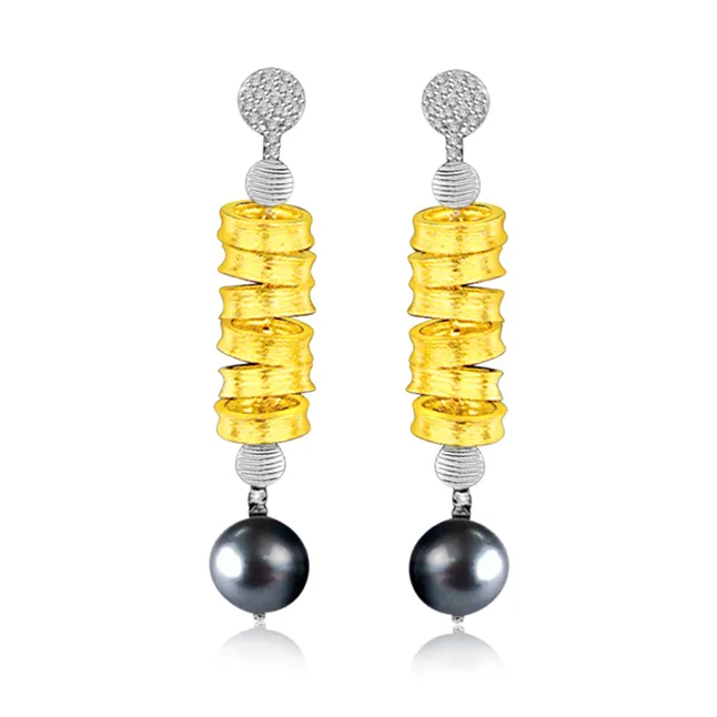 Hanging Gold & Pearl Two Tone Diamond & Tahitian Pearl Earring (ER165)