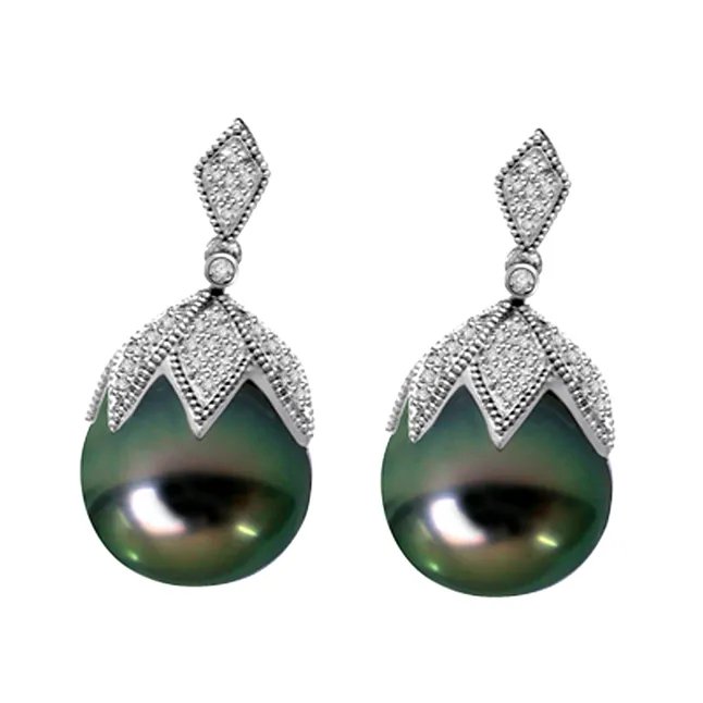 Hang Pearl 0.75cts Real Diamond & Tahitian Pearl Earring (ER170)