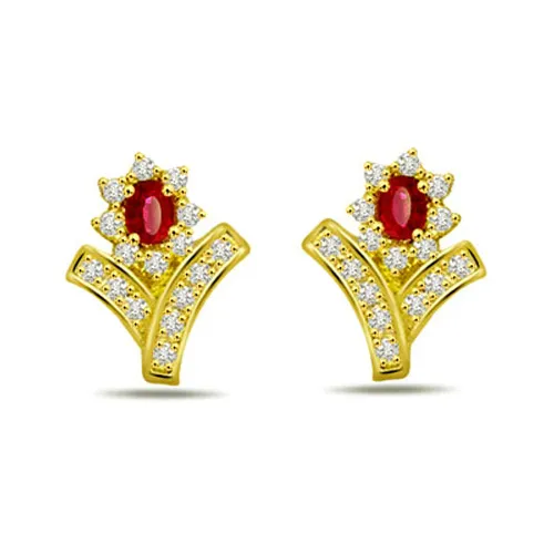 0.60ct Diamond & Oval Ruby Flower Earrings -Flower Shape Earrings