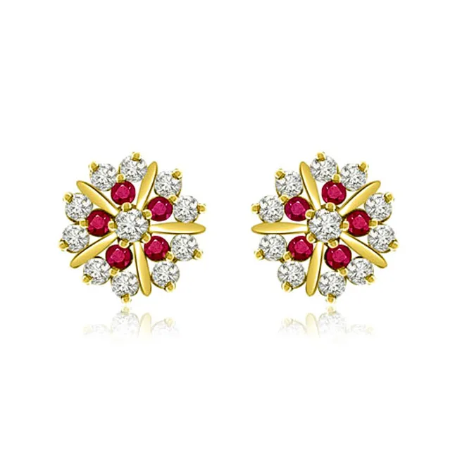 0.82 cts Diamond Ruby Earrings -Flower Shape Earrings