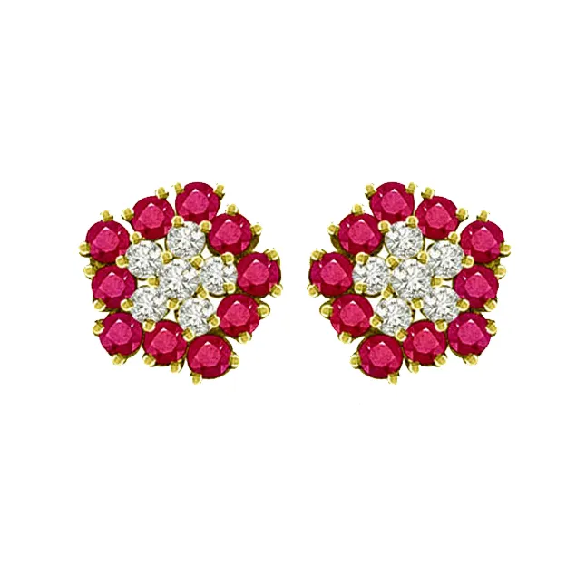 1.24 cts Diamond Ruby Earrings -Flower Shape Earrings