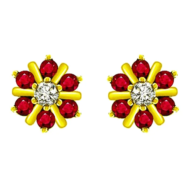 0.70 cts Diamond Ruby Earrings -Flower Shape Earrings