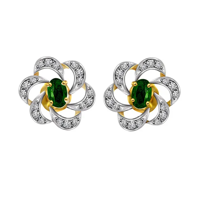 0.25 cts Two Tone Diamond & Emerald 18K Earrings -Dia & Gemstone