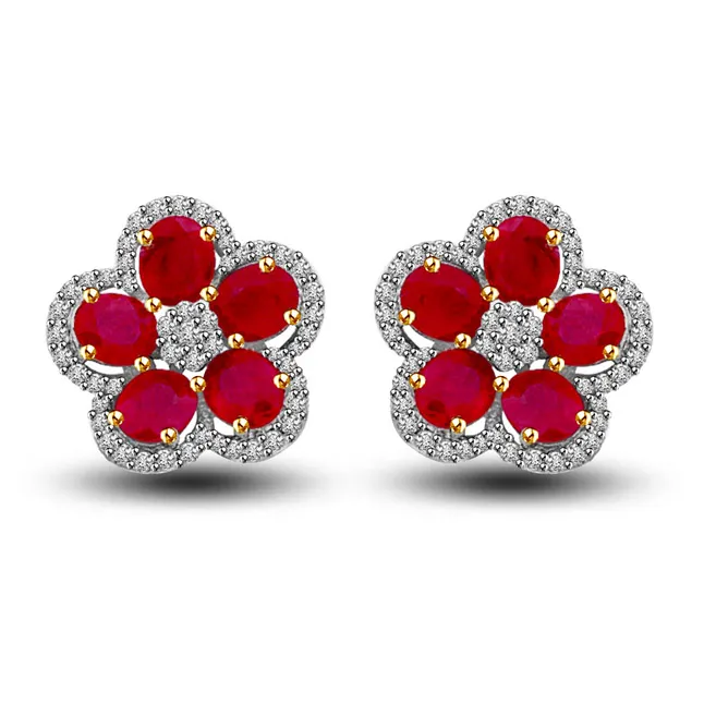 Floral Tristar Ruby & Diamond Two Tone Gold Earrings for My Lady love (ER423)