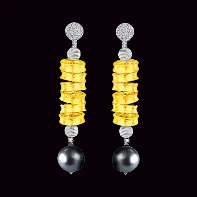 Hanging Gold & Pearl Two Tone Diamond & Tahitian Pearl Earring (ER165)