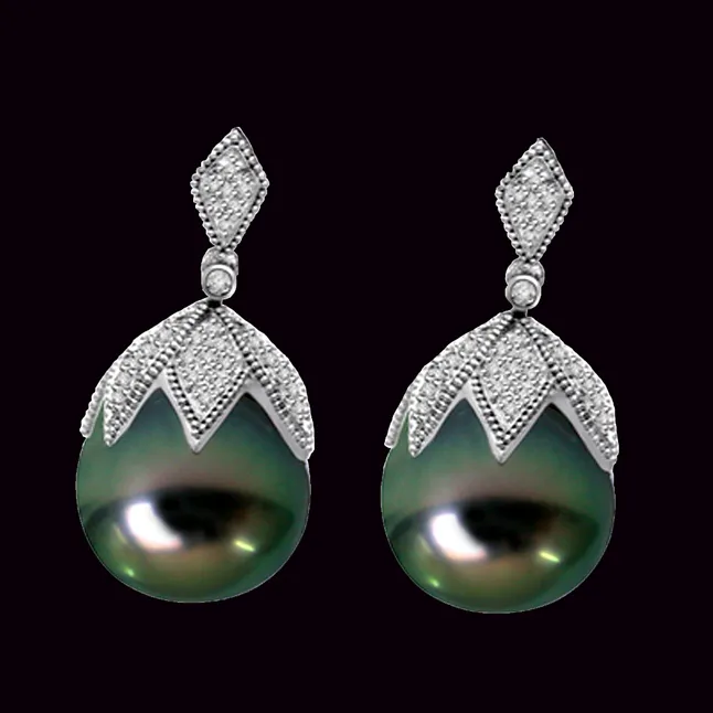 Hang Pearl 0.75cts Real Diamond & Tahitian Pearl Earring (ER170)