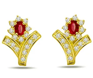 0.60ct Diamond & Oval Ruby Flower Earrings -Flower Shape Earrings