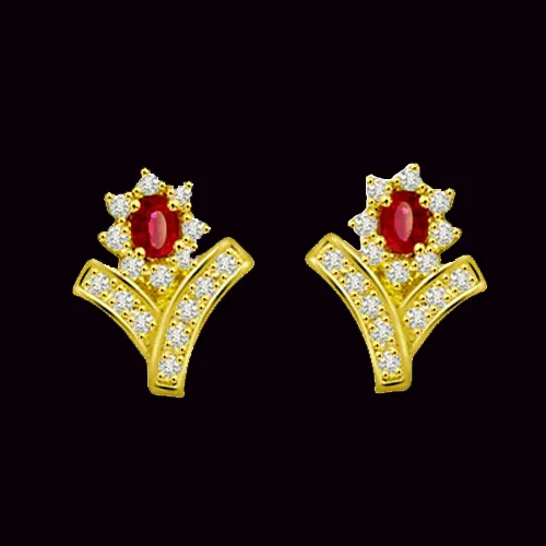 0.60ct Diamond & Oval Ruby Flower Earrings -Flower Shape Earrings