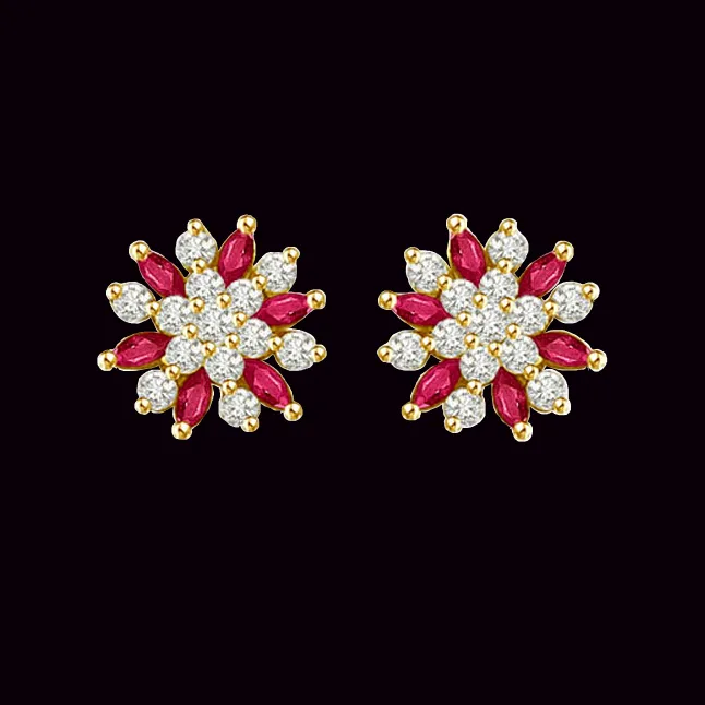1.00 cts Diamond Ruby Earrings -Flower Shape Earrings