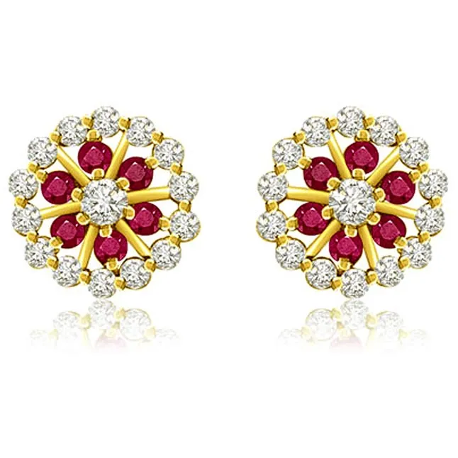 1.05 cts Diamond Ruby Earrings -Flower Shape Earrings