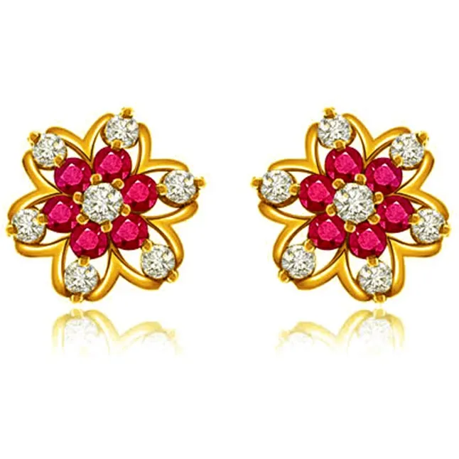 0.88 cts Diamond Ruby Earrings -Flower Shape Earrings