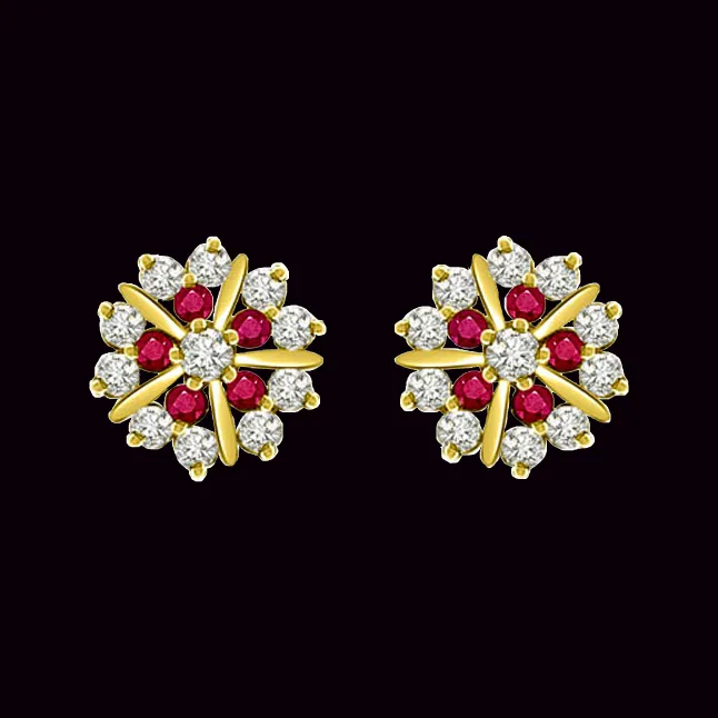 0.82 cts Diamond Ruby Earrings -Flower Shape Earrings