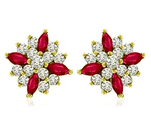 0.64 cts Diamond Ruby Earrings -Flower Shape Earrings