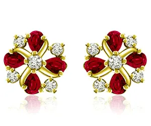 1.10 cts Diamond Ruby Earrings -Flower Shape Earrings
