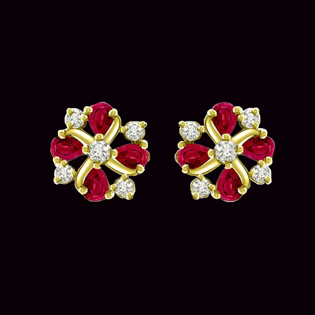 1.10 cts Diamond Ruby Earrings -Flower Shape Earrings