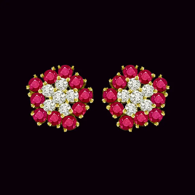 1.24 cts Diamond Ruby Earrings -Flower Shape Earrings