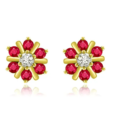 0.70 cts Diamond Ruby Earrings -Flower Shape Earrings