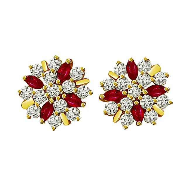 0.80 cts Diamond Ruby Earrings -Flower Shape Earrings