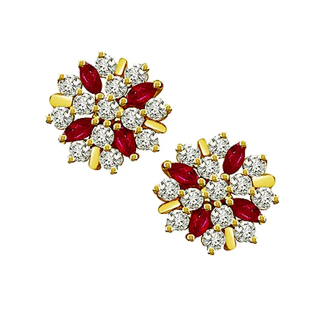 0.80 cts Diamond Ruby Earrings -Flower Shape Earrings