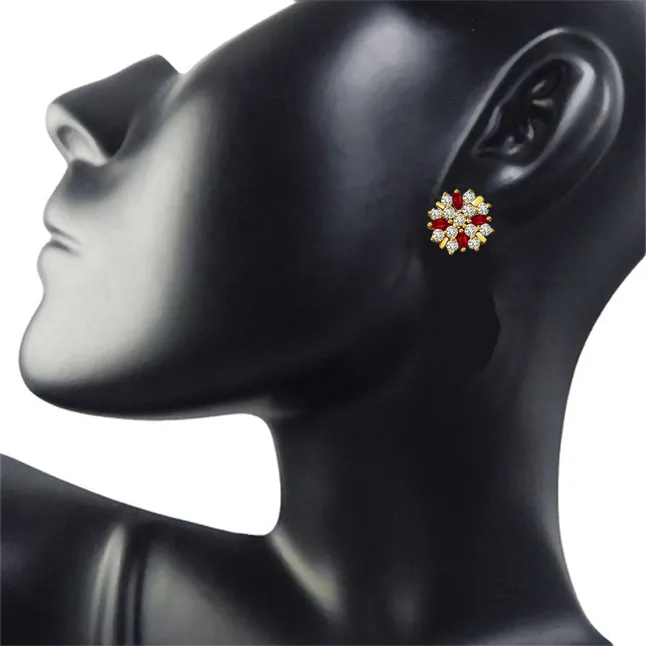 0.80 cts Diamond Ruby Earrings -Flower Shape Earrings