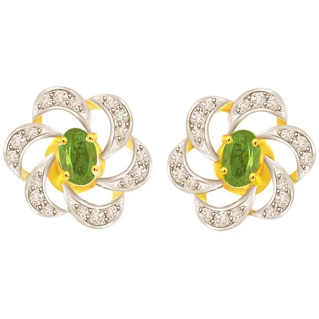 0.25 cts Two Tone Diamond & Emerald 18K Earrings -Dia & Gemstone