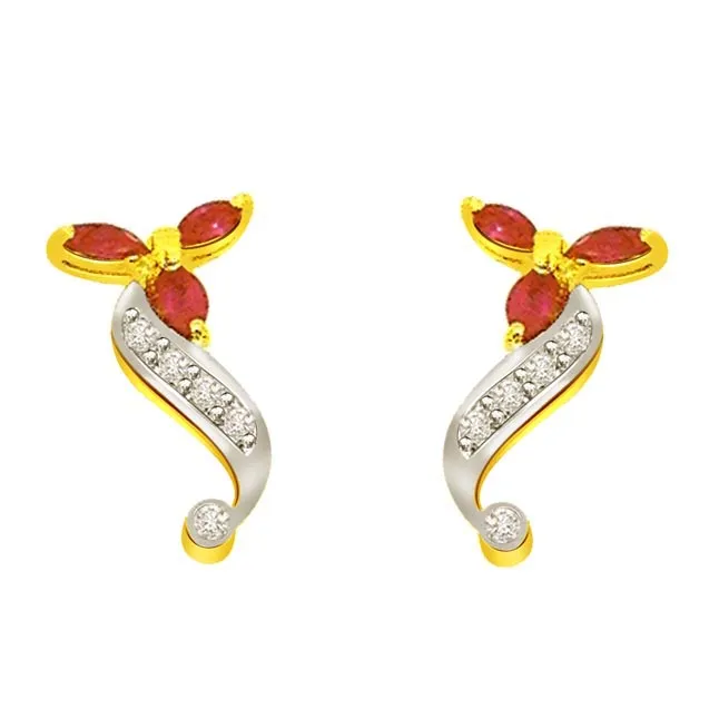 0.15 cts Two Tone Diamond & Ruby 18K Earrings -Dia & Gemstone