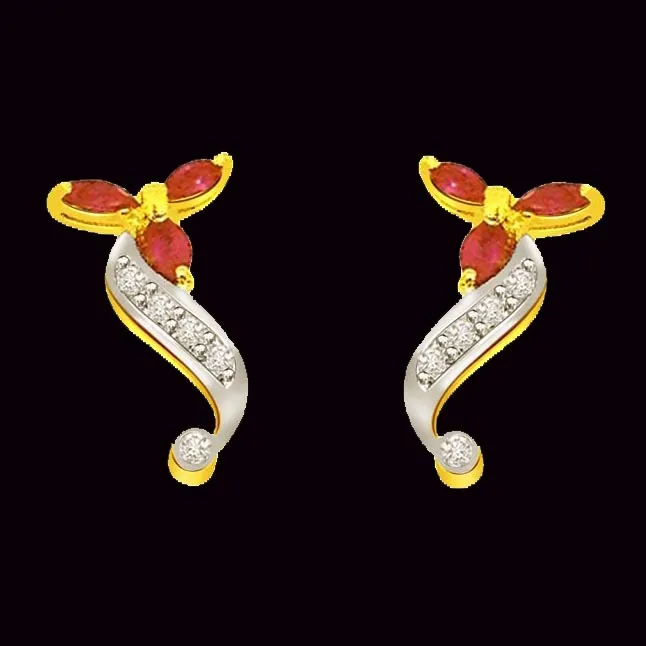 0.15 cts Two Tone Diamond & Ruby 18K Earrings -Dia & Gemstone