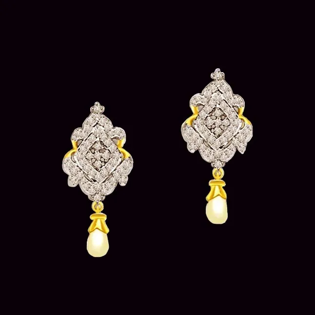 1.00 cts Two Tone Diamond & Pearl Hanging Earrings (ER408)