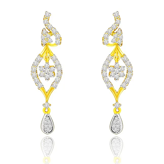 1.00 cts Two Tone Flower Pattern Diamond Hanging Earrings