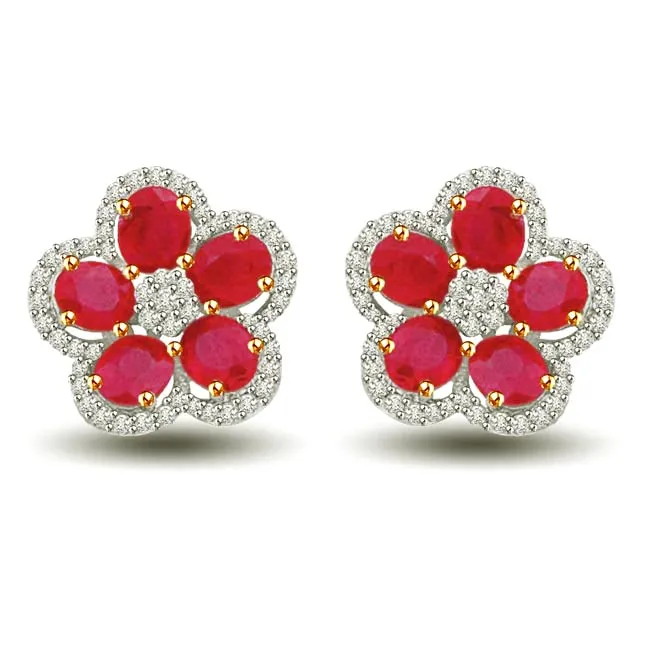 Floral Tristar Ruby & Diamond Two Tone Gold Earrings for My Ladylove