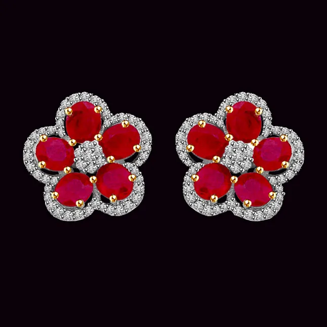 Floral Tristar Ruby & Diamond Two Tone Gold Earrings for My Lady love (ER423)