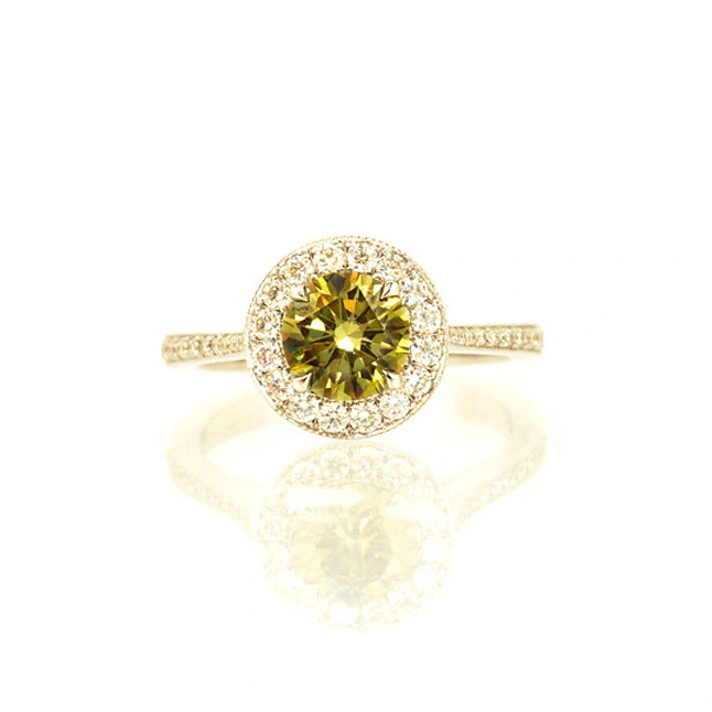 Glitter Green Passion 0.23ct TCW Yellow Fancy Colour Diamond Solitaire rings -White Gold Big Sol