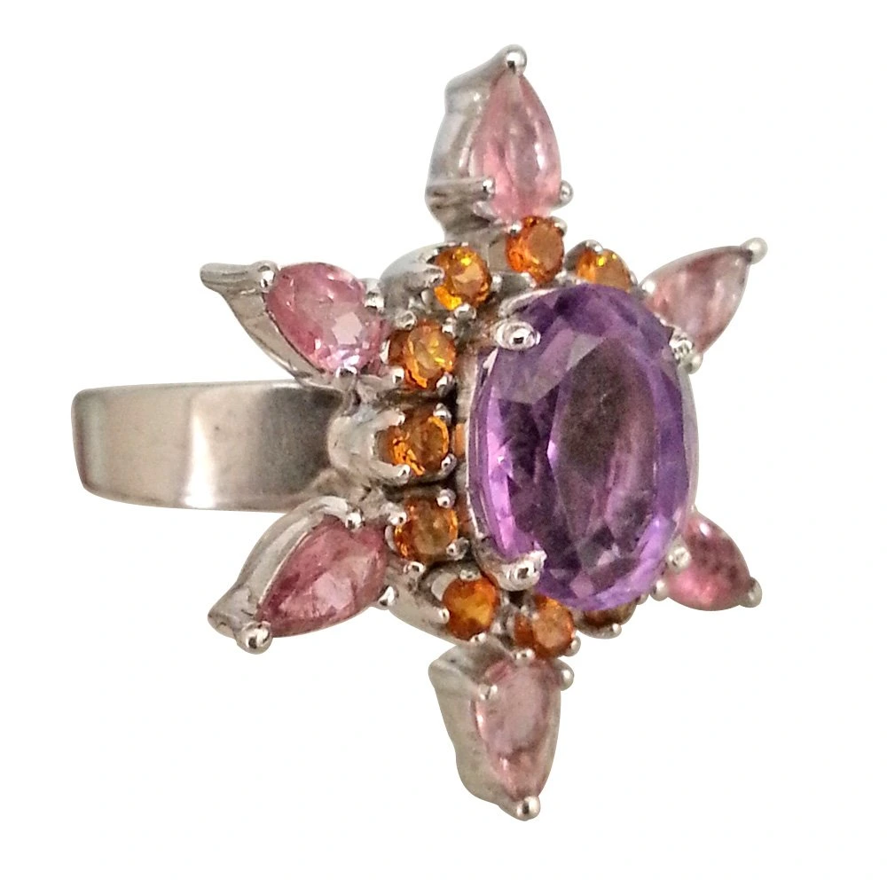 3.96 ct Big Amethyst & Pink Tourmaline Star Type Silver rings