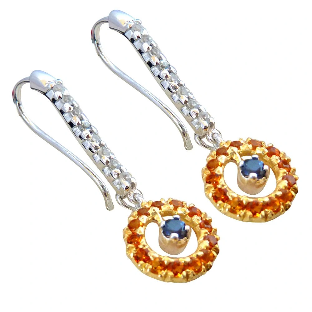 1.76ct Blue Sapphire,Citrin & White Topaz Hanging gemstone Sterling Silver Earring (GSR25)