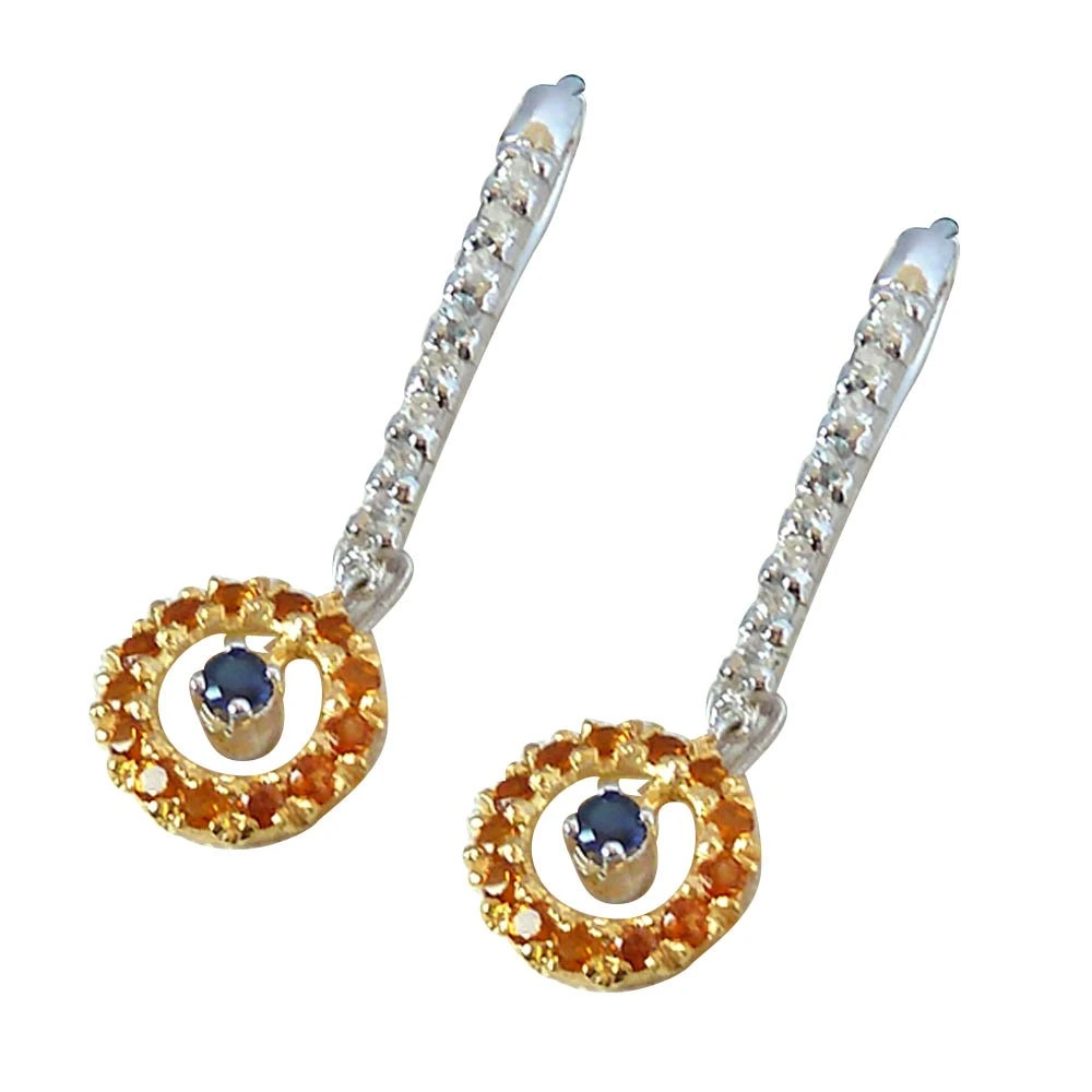 1.76ct Blue Sapphire,Citrin & White Topaz Hanging gemstone Sterling Silver Earring (GSR25)