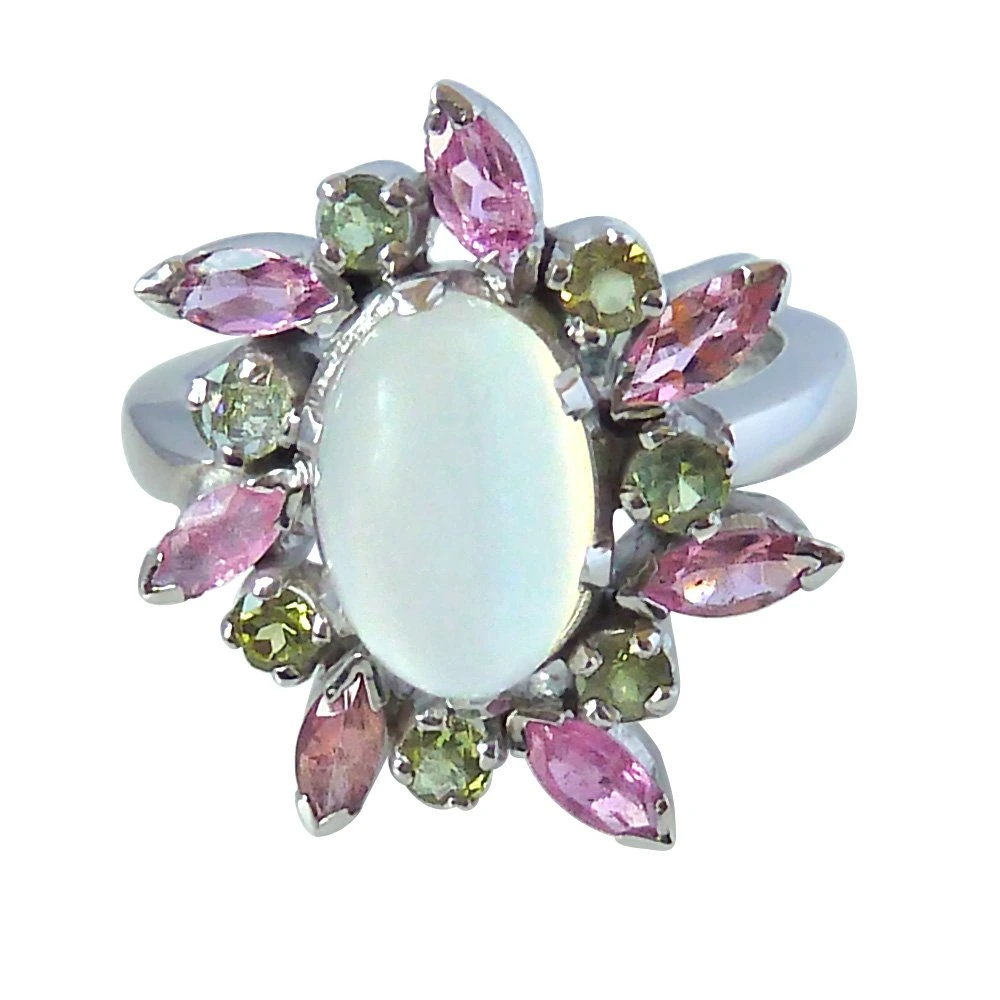 4.09ct Moonstone, Pink & Green Tourmaline Silver Cocktail Ring for Your Love (GSR26)