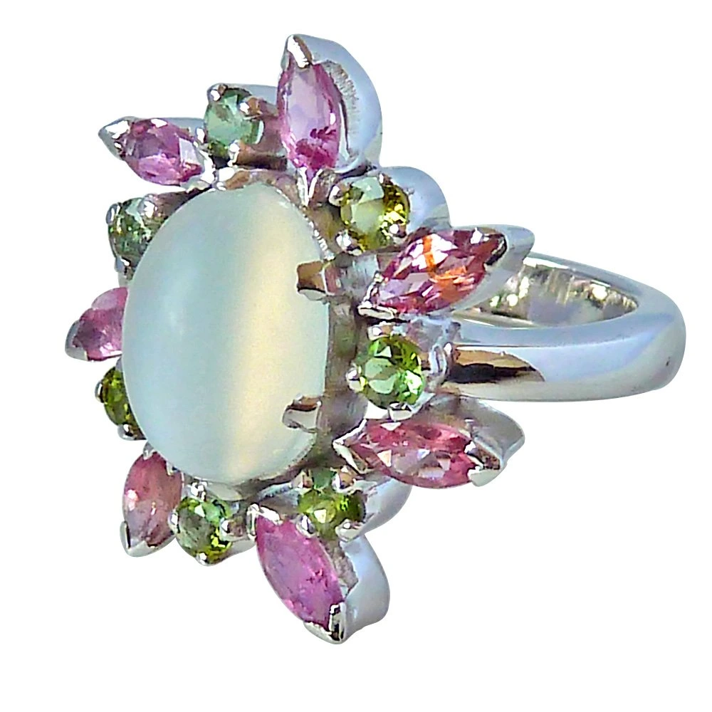 4.09ct Moonstone, Pink & Green Tourmaline Silver Cocktail Ring for Your Love (GSR26)