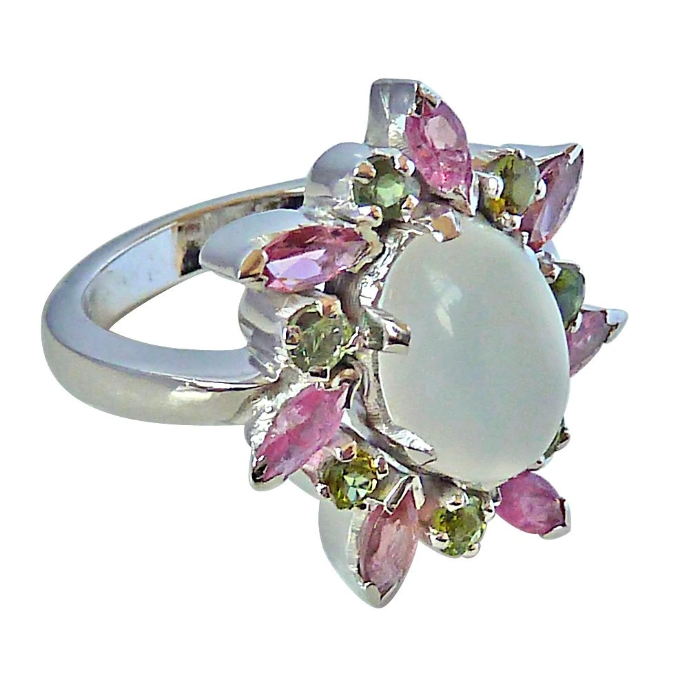 4.09ct Moonstone, Pink & Green Tourmaline Silver Cocktail Ring for Your Love (GSR26)
